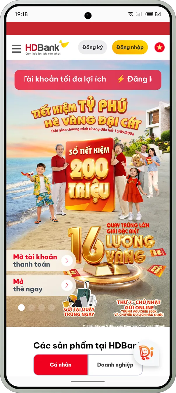 HDBank đang chạy trên Meizu 21 Pro với FlymeVN — trang chủ với khuyến mãi và mục mở tài khoản.