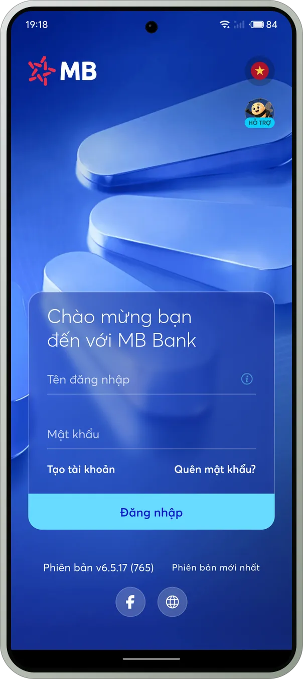 MB Bank đang chạy trên Meizu 21 Pro với FlymeVN — màn hình đăng nhập bằng tên đăng nhập và mật khẩu.