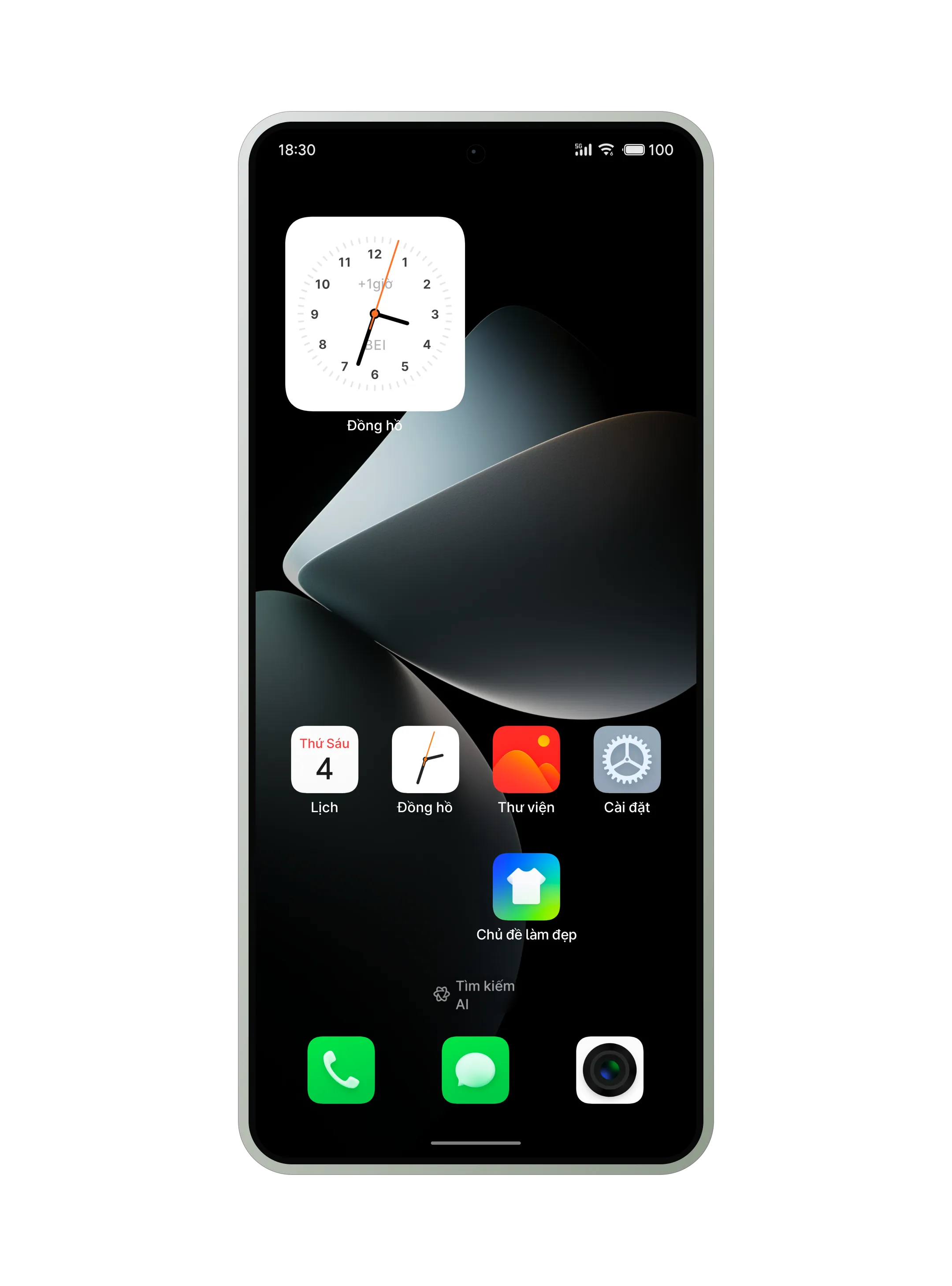 Meizu 21 Pro chạy FlymeVN, ảnh chụp từ máy thật: màn hình chính với đồng hồ, lịch, các ứng dụng hệ thống và thanh tìm kiếm Google.