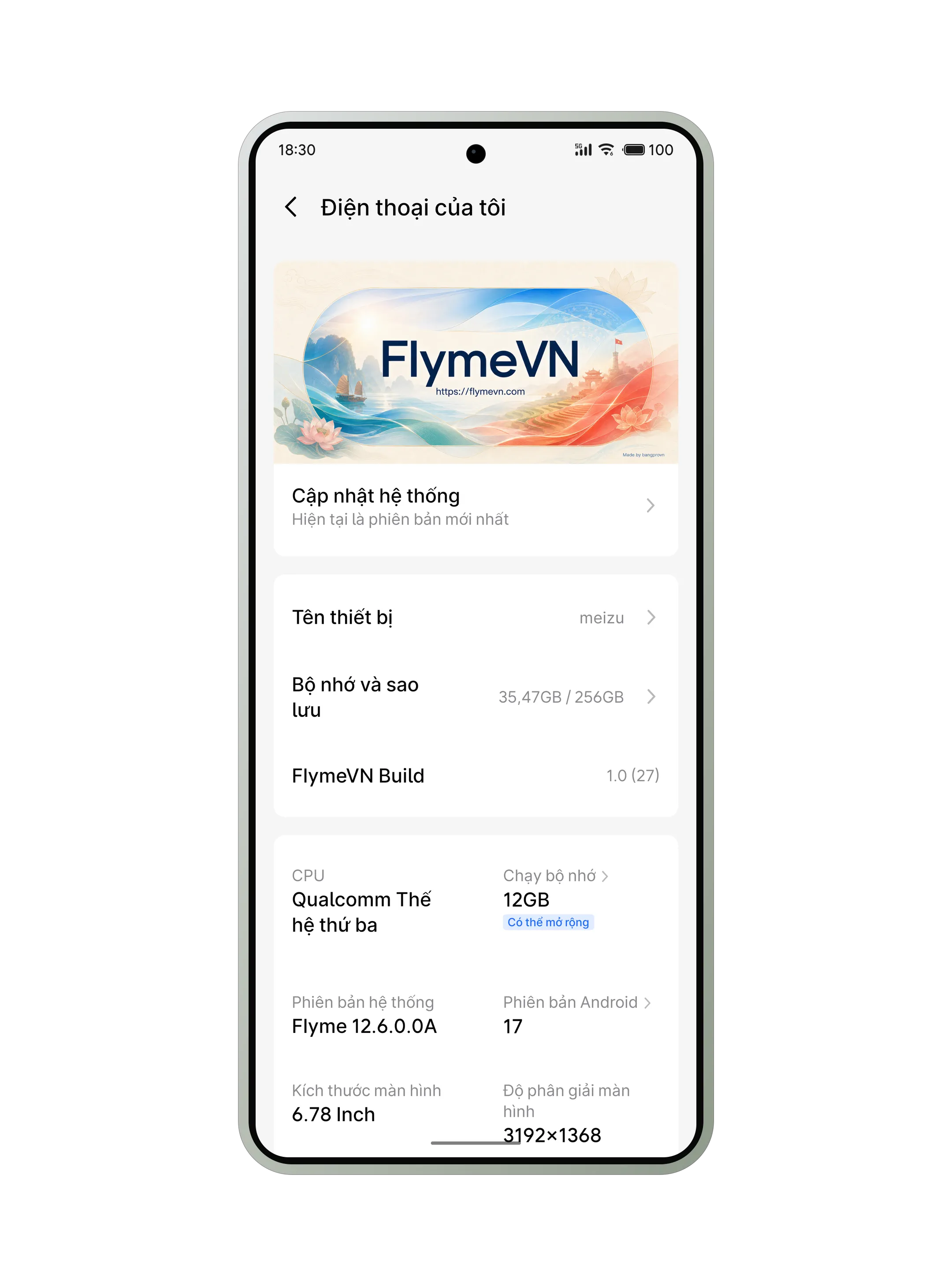 Meizu 21 Pro chạy FlymeVN, ảnh chụp từ máy thật: trang Điện thoại của tôi với mục Cập nhật hệ thống, FlymeVN Build, Flyme 12.6 và Android 17.