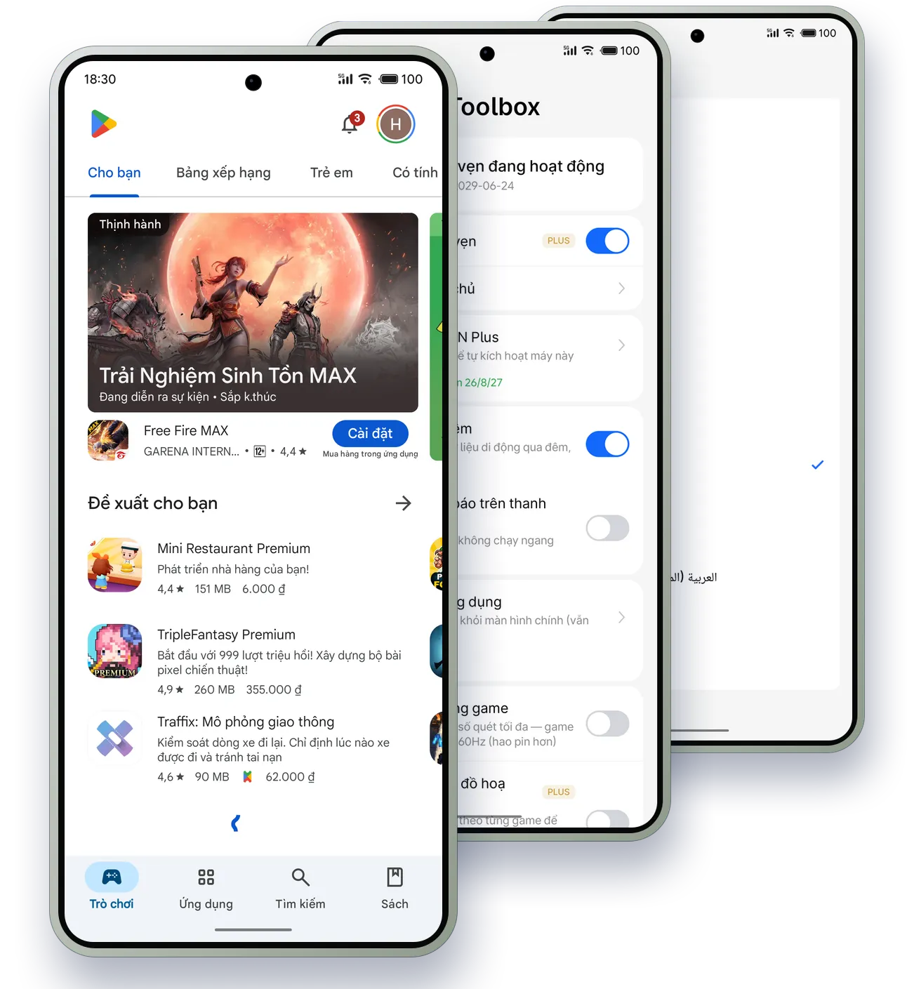 Ba ảnh chụp từ Meizu 21 Pro chạy FlymeVN: cửa hàng Google Play tiếng Việt, FlymeVN Toolbox với tính toàn vẹn đang hoạt động, và danh sách ngôn ngữ có Tiếng Việt được chọn.