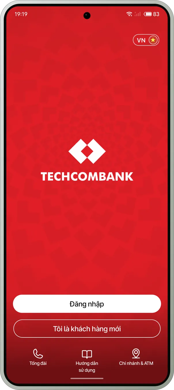 Techcombank đang chạy trên Meizu 21 Pro với FlymeVN — màn hình mở đầu với nút đăng nhập.