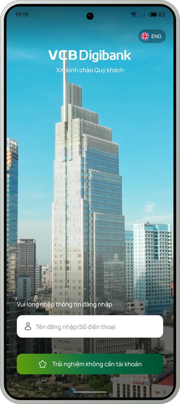 VCB Digibank đang chạy trên Meizu 21 Pro với FlymeVN — màn hình chào và ô nhập tên đăng nhập.