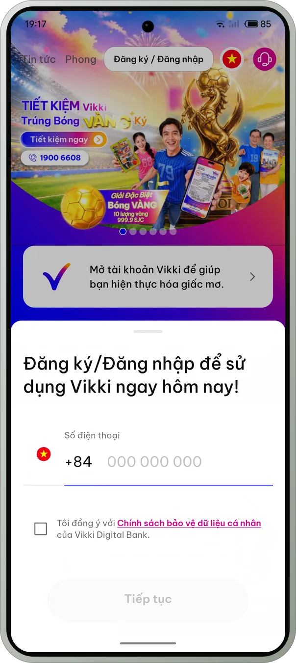Vikki đang chạy trên Meizu 21 Pro với FlymeVN — màn hình đăng ký, đăng nhập bằng số điện thoại.
