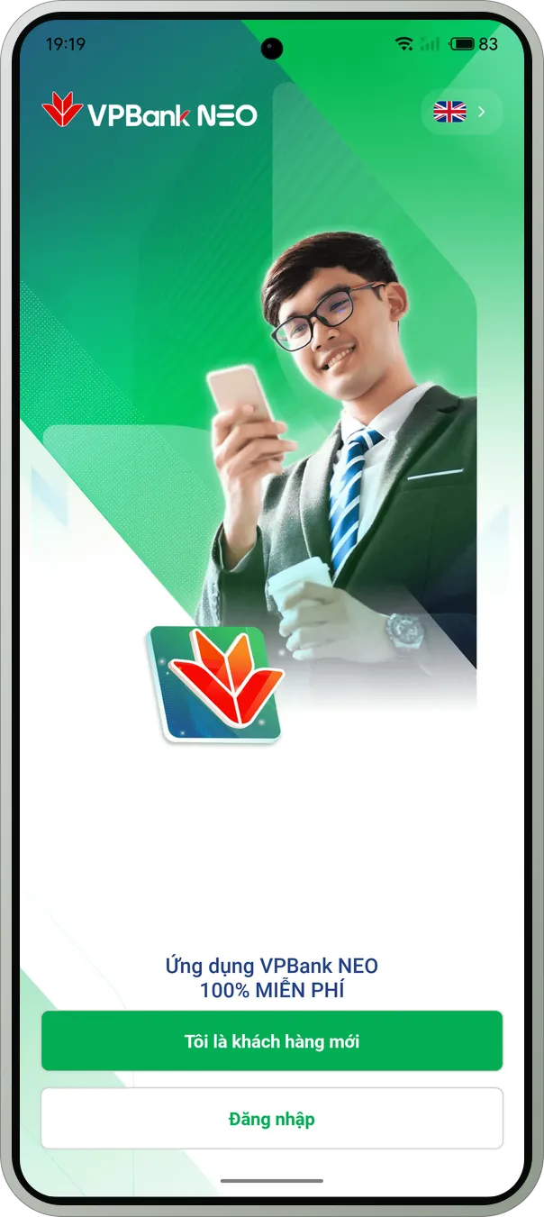 VPBank NEO đang chạy trên Meizu 21 Pro với FlymeVN — màn hình mở đầu với nút đăng nhập.